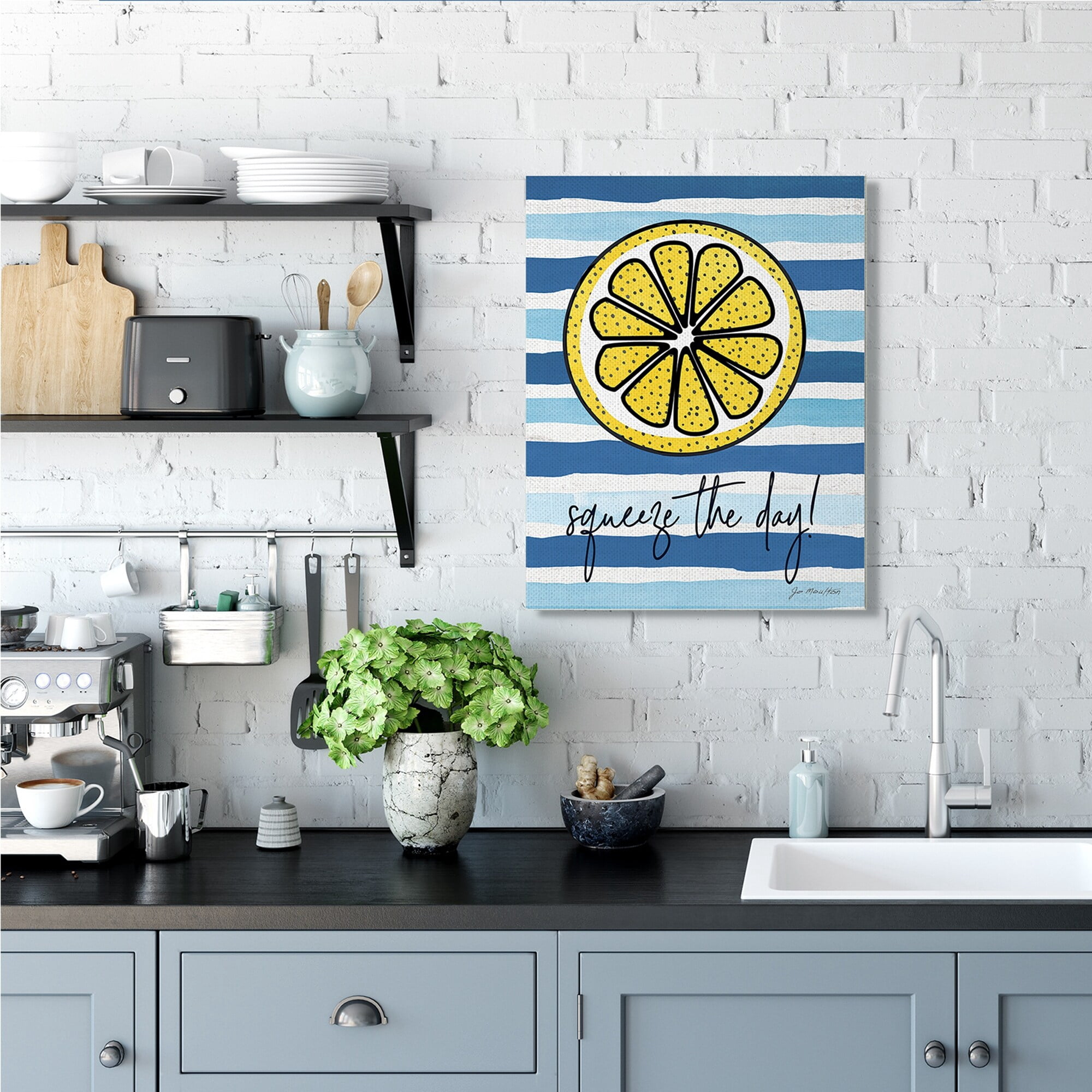 Stupell Industries Squeeze The Day Expression Lemon Nautical Stripes Landscape Painting Gallery Wrapped Canvas Art Print Wall Art, 16 x 20