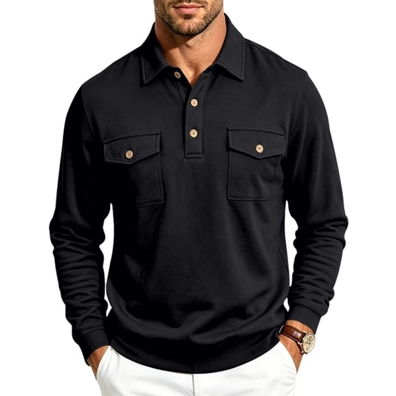 Mens Golf Polo Shirts Solid Lapel Long Sleeve Sweatshirt with Cargo Pockets Casual Top
