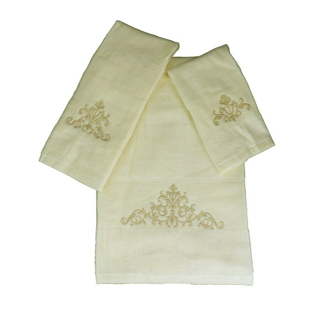 Marina Decoration Premium Luxury Decor Ultra Soft 100% Cotton Embroidered Bathroom Modern 3 Piece Towel Set, Gold Blazon with Cream Base Pattern