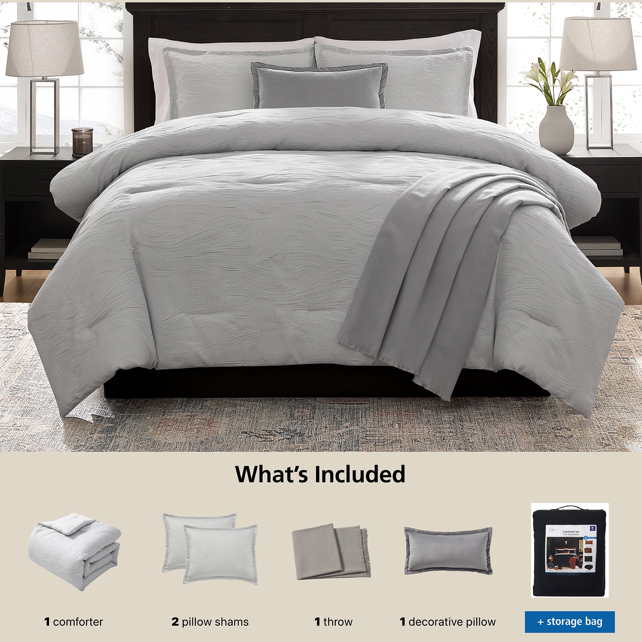 Mainstays Marble 5-Piece Grey Jacquard Comforter Set, King