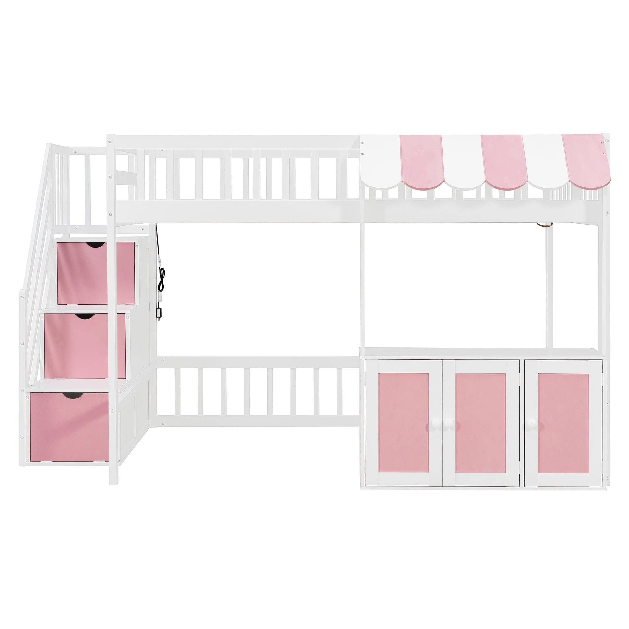 Mintazer Full Size Loft Bed with Play Storefront & LED Lights, Kids Loft Bed with Guardrail and Storage Staircase & Cabinet for Bedroom, White & Pink