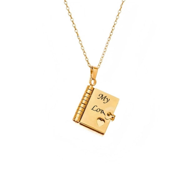 YMCSTONEMA 18K Gold Plated Eco-Friendly Stainless Steel Book Locket Necklace "My Love" Engraved, Openable Pendant, Mother's Day Gift for Mom, with Gift Box & Greeting Card
