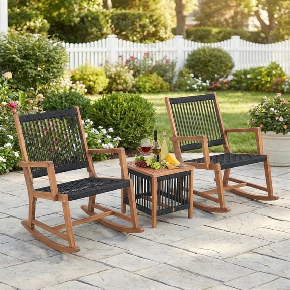 Topcobe 3 Pieces Acacia Wood Rocking Bistro Set, Patio Table and Chairs Set, Outdoor Patio Set