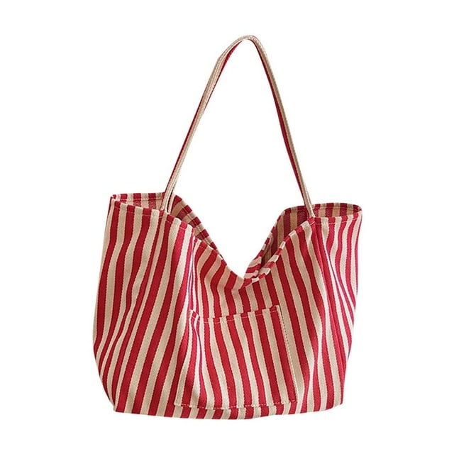 Sac Fourre-Tout en Toile à Rayures Fines, Doux, Grande Capacité, Sac d'Épaule