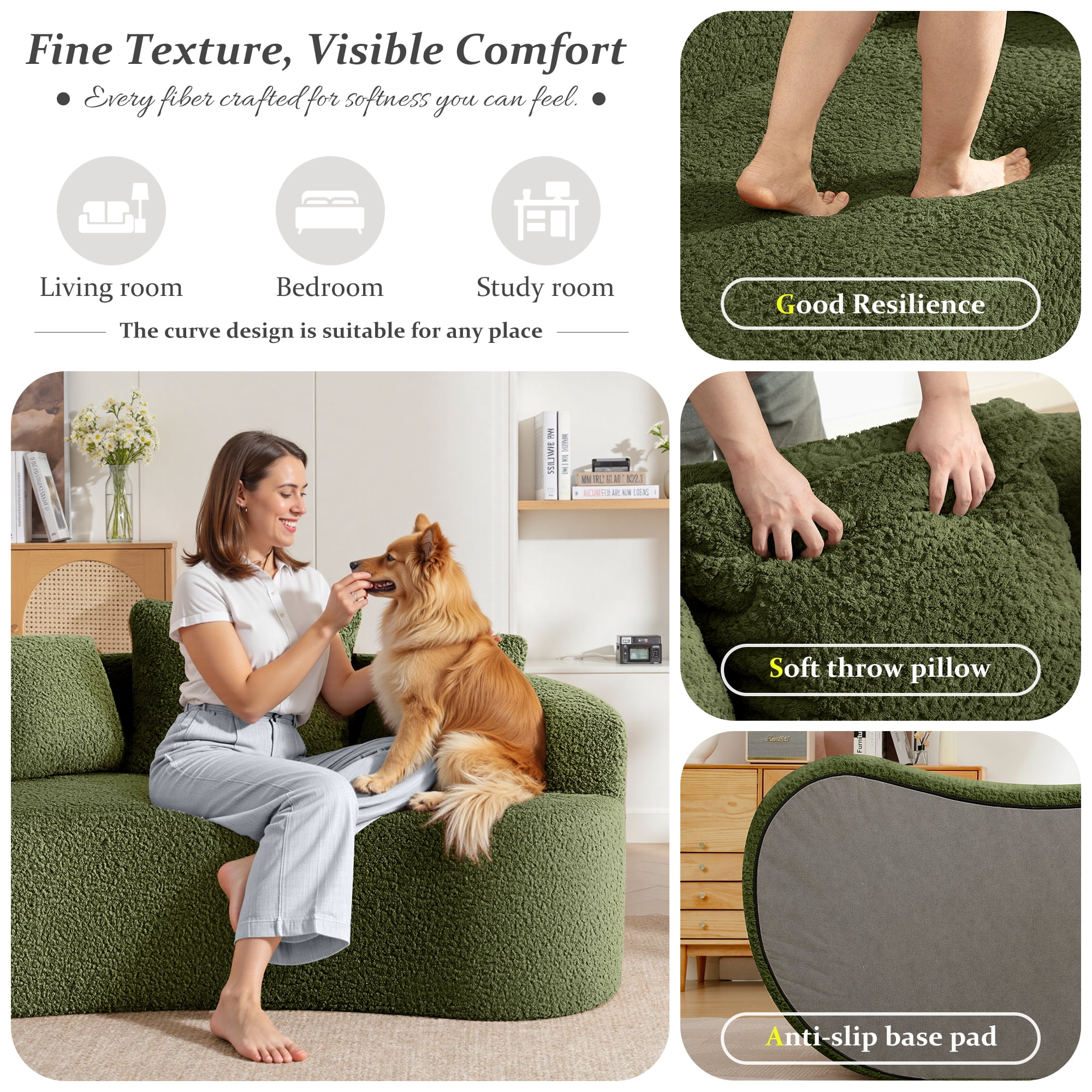 COOLHUT 65" 3 Seater Sofa Couch, Plush Floor Sofa Couch with Cozy Cushions & 3 Pillows, Curved Back Teddy Fabric Sofa for Living Room, Small Space, Green (Sofa-in-a-Box)