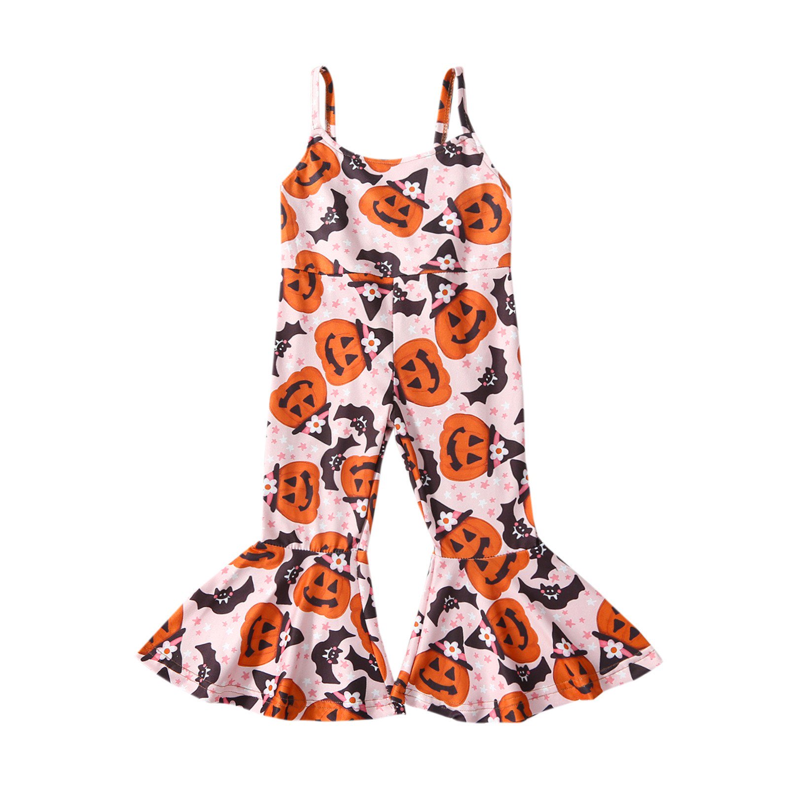 XXWXYD Toddler Baby Girl Halloween Outfit Suspender Pants Sleeveless Ghos𝗍 Bat Pumpkin Print Jumpsuit Bell-Bottoms Rompe𝗋