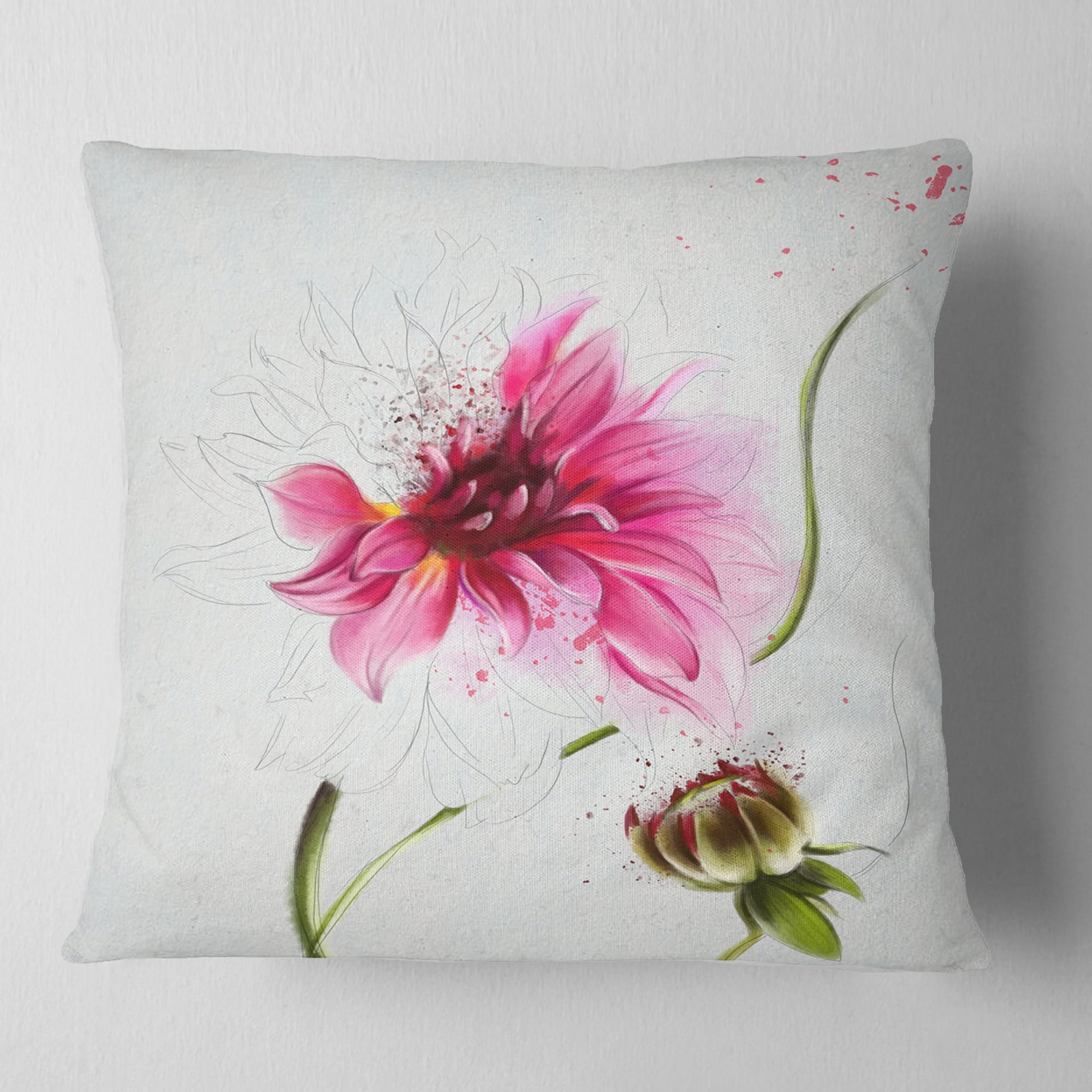 Designart Pink Flower with Stem and Bud - Floral Throw Pillow - 18x18