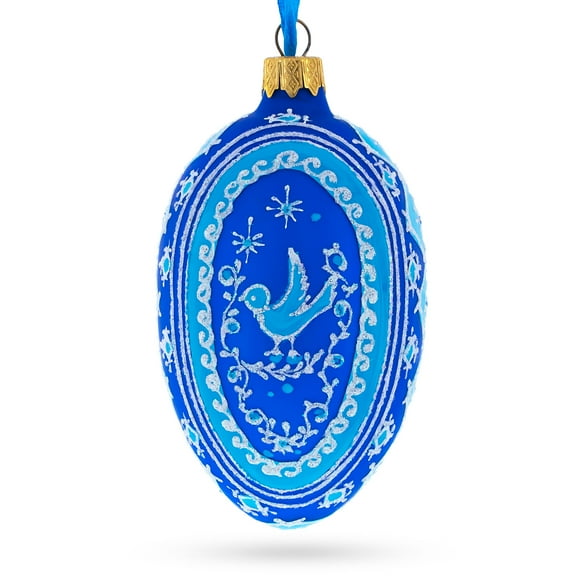 Blue Bird Pysanka Glass Egg Ornament 4 Inches