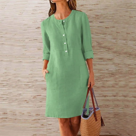 Plus Size Long Dresses for Spring Women's Button Straight Dress Crewneck Loose Half Sleeve Solid Knee Length Dress Green XL