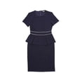 thumbnail image 1 of Vestido ajustado de manga corta con ribete en contraste y cuello redondo para mujer Azul oscuro S, 1 of 6