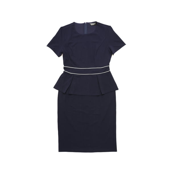 Vestido ajustado de manga corta con ribete en contraste y cuello redondo para mujer Azul oscuro S
