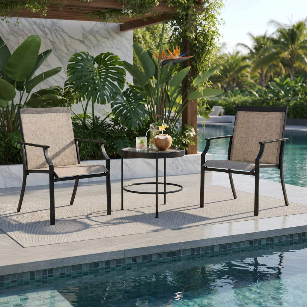 Hommoo 2-Pack Large Outdoor Dining Chairs, Breathable Mesh Seat, Rustproof Metal Frame, Patio Chairs for Deck, Backyard, Balcony, Coffee