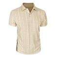thumbnail image 3 of YOIAVAIOY Men's Solid Knit Short Sleeve Polos, Jacquard Lapel Beach Casual Shirt, Lightweight Summer and Vacation Wear Beige M, 3 of 8