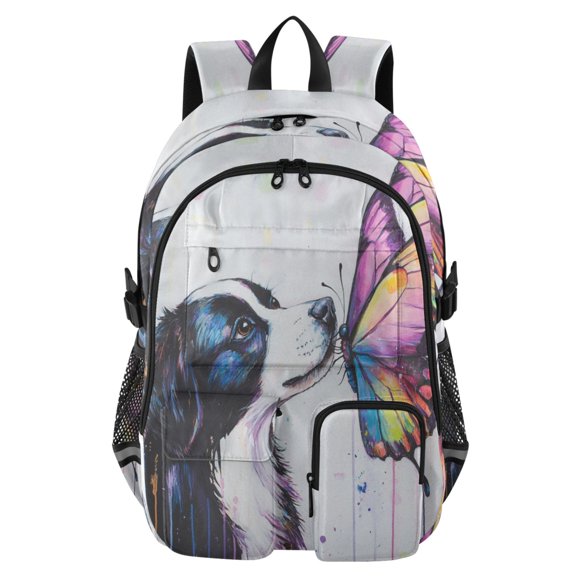 Large Capacity Student Backpack, 14 Inch Laptop Backpack, Wear-Resistant Polyester Travel Backpack with Reflective Strips for Commuting Outdoor Dog and Butterfly