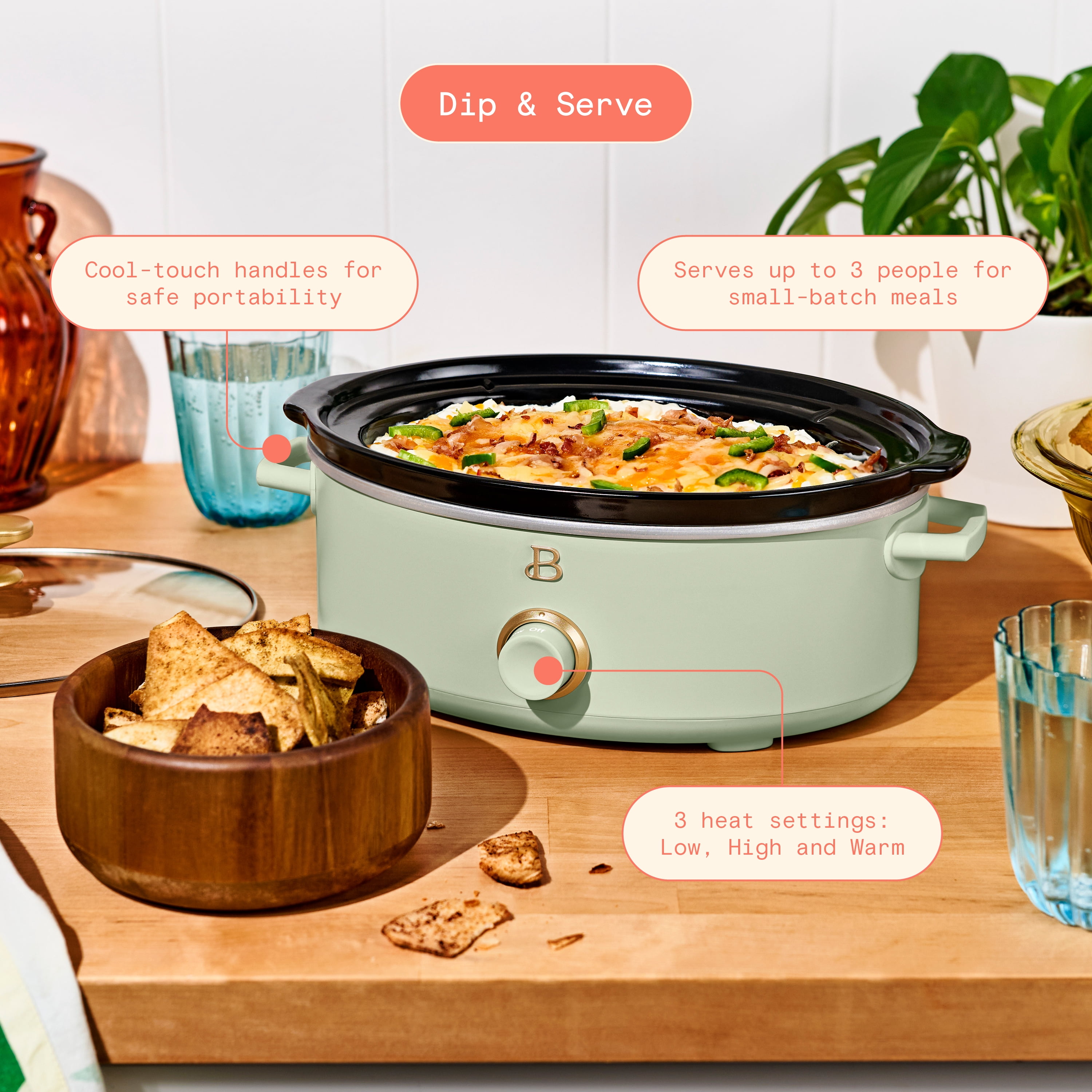Beautiful 2.5 Qt Dip and Serve Manual Slow Cooker, Sage Green by Drew Barrymore