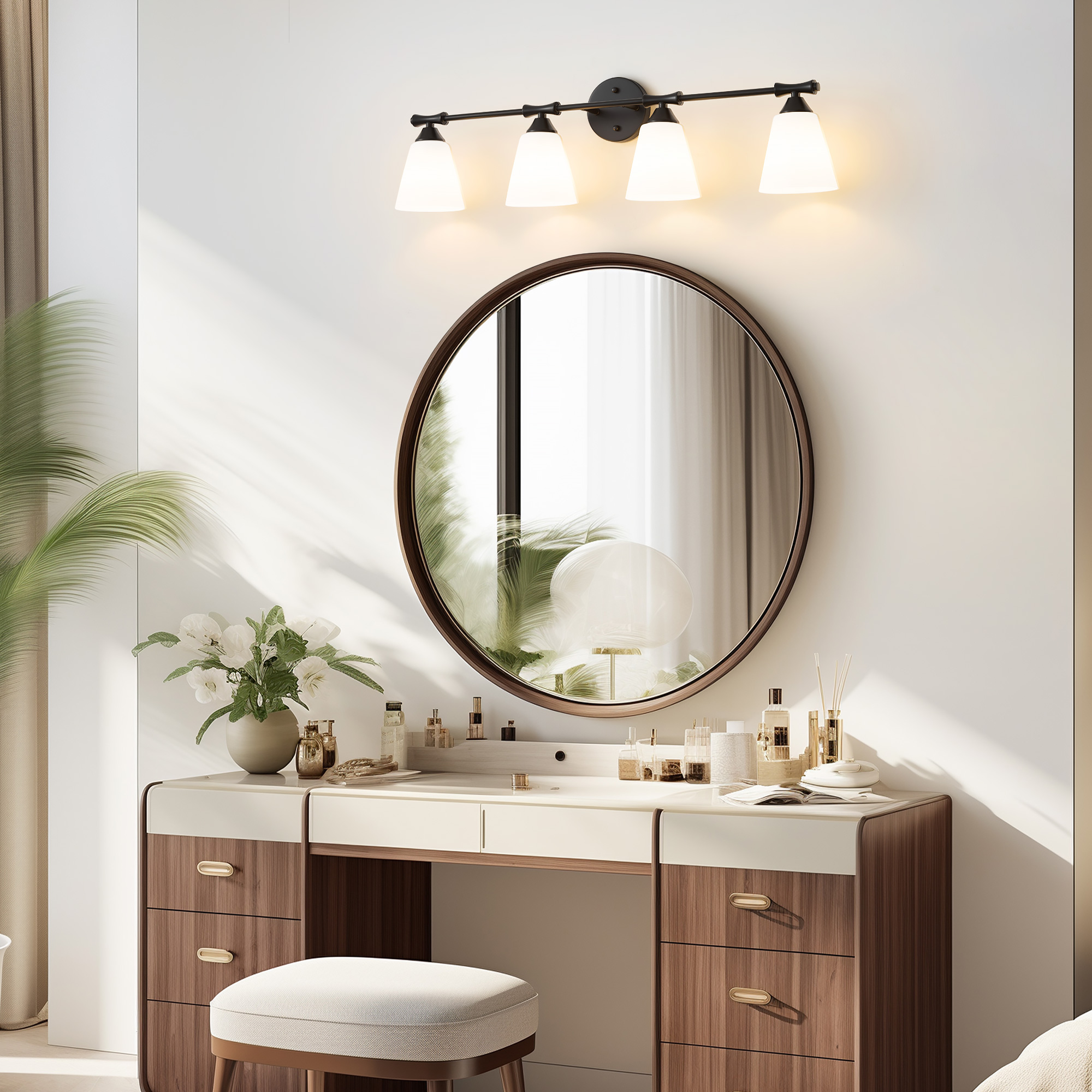 Deyidn Black 4-Light Modern Bathroom Vanity Light - 33.86-Inch Dimmable Bathroom Light Fixture with Milky White Glass Shades for Mirror Lighting