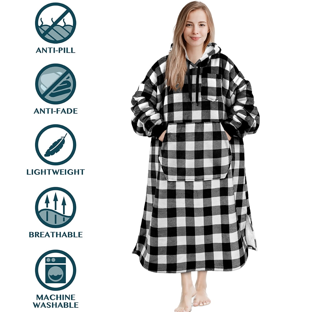 PAVILIA Blanket Hoodie for Women White, Sherpa Wearable Blanket Men, Cozy Oversized Sweatshirt Blanket, Warm Fleece Hooded Blanket Sweater with Sleeves and Giant Pocket, Adult Long, Checker White