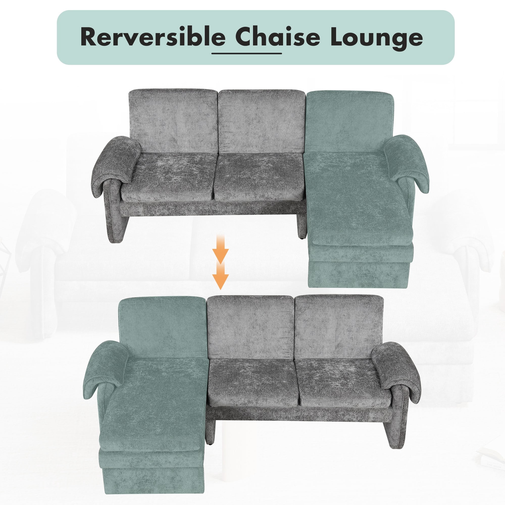 94.1" Convertible Futon Sofa Bed,Futon Sofa Couch with Adjustable Backrest,Reversible Chaise Lounge and Two Removable Armrest Pillows for Living Room,Gray