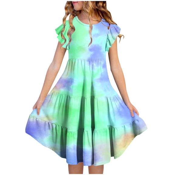 Ovbmpzd Tie-Dyed Big Girls Dresses Flutter Sleeve Green Dresses Holiday A-Line Casual Dresses,13 Years