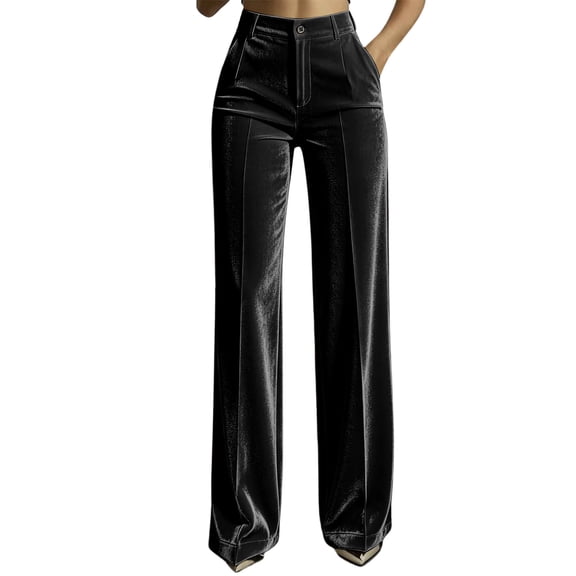 ZHYou No Boundarie Women's Velvet Dress Pants Straight Leg Button High Waist Casual Smooth Work Office Trousers with Pockets,Black,Size M