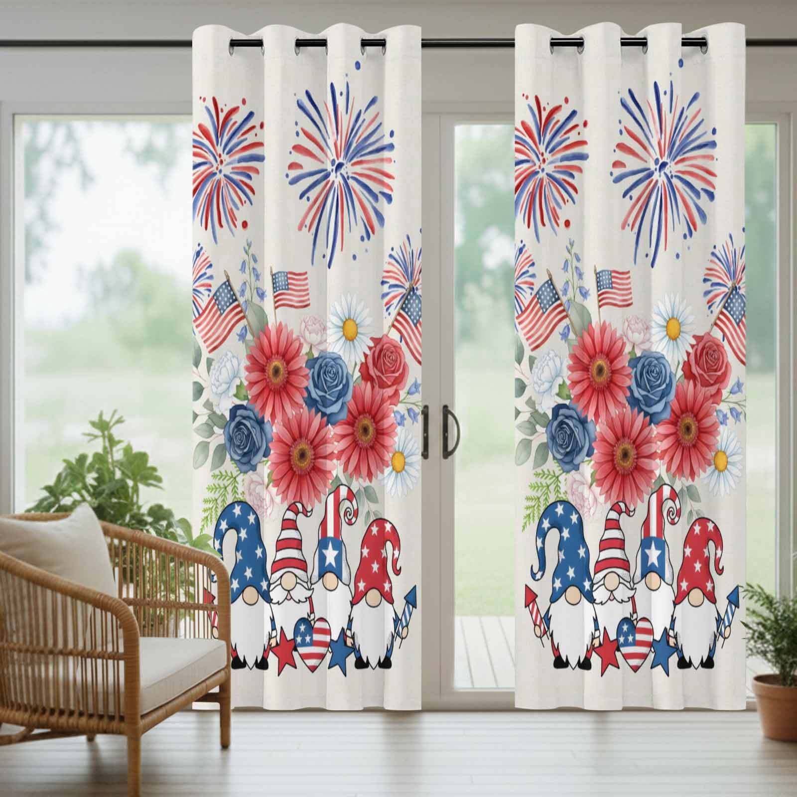 Independence Day Outdoor Curtains for Patio, Red Blue Gnome Floral Flag Fireworks Beige Sunshade Privacy Drapes Grommet Waterproof Outside Curtains for Porch/Cabana/Balcony 54"x 108", 1 Panel