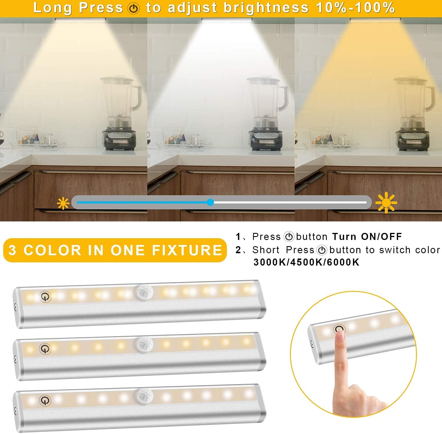 Remote Control Under Cabinet Lighting Wireless, 20-LED Dimmable Closet Lights Rechargeable Under Counter Light, Stick on Touch Night Light Strip Bar for Kitchen Stairway Bedroom, 3 Colors