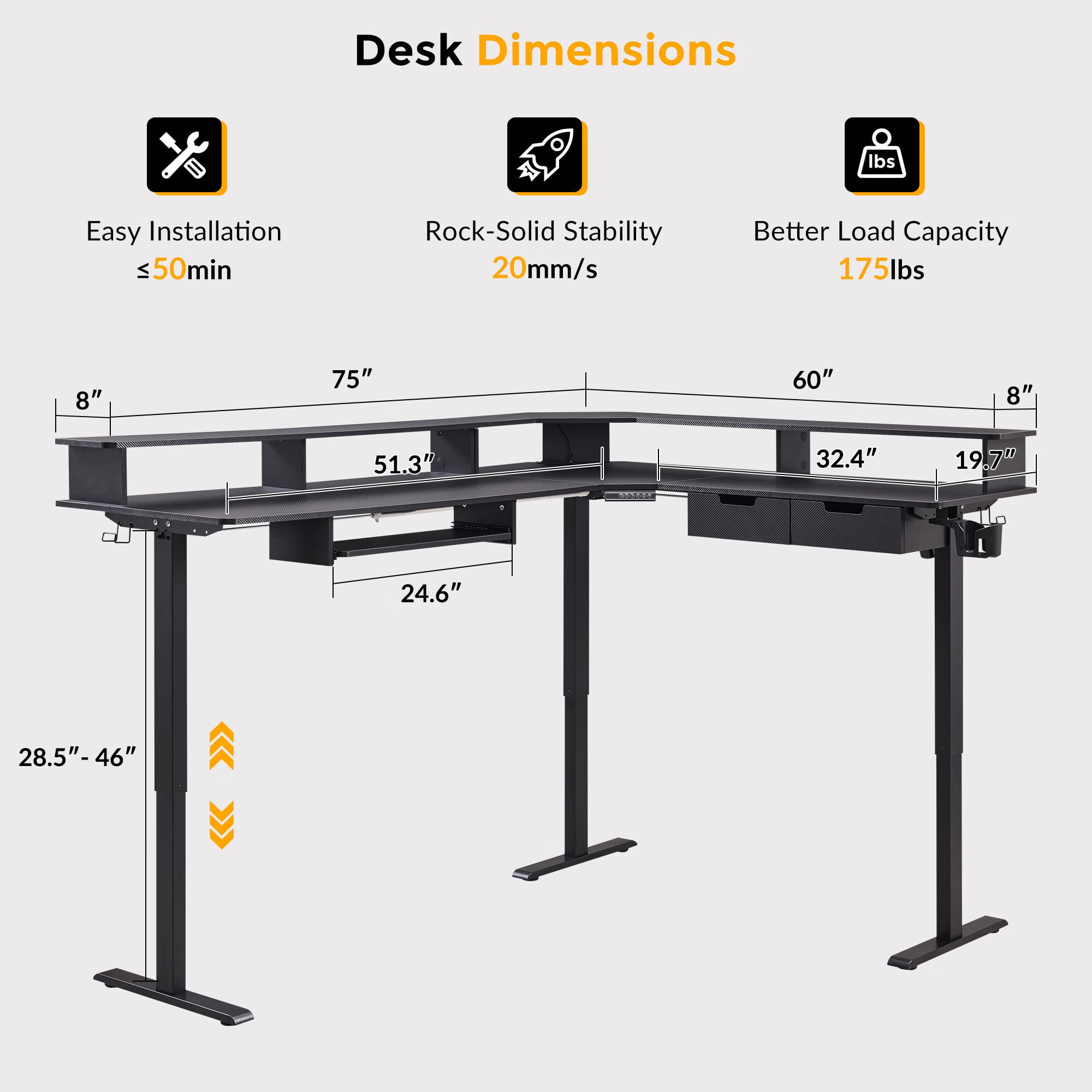 OKD 75" Electric Standing Desk with LED Strip & Power Outlets, L-Shaped Corner Desk with Shelves & Keyboard Tray, Adjustable Height Computer Desk, Carbon Fiber Black