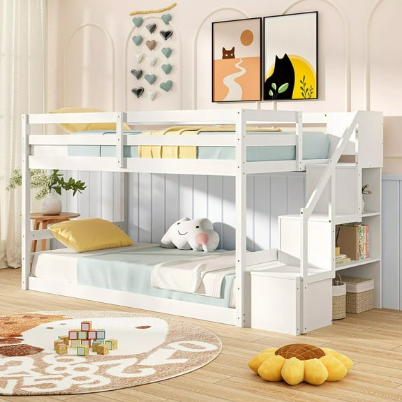 Auranook Twin Over Twin Low Bunk Bed Solid Wood Floor Bunk Bed Frame with Storage Stairs