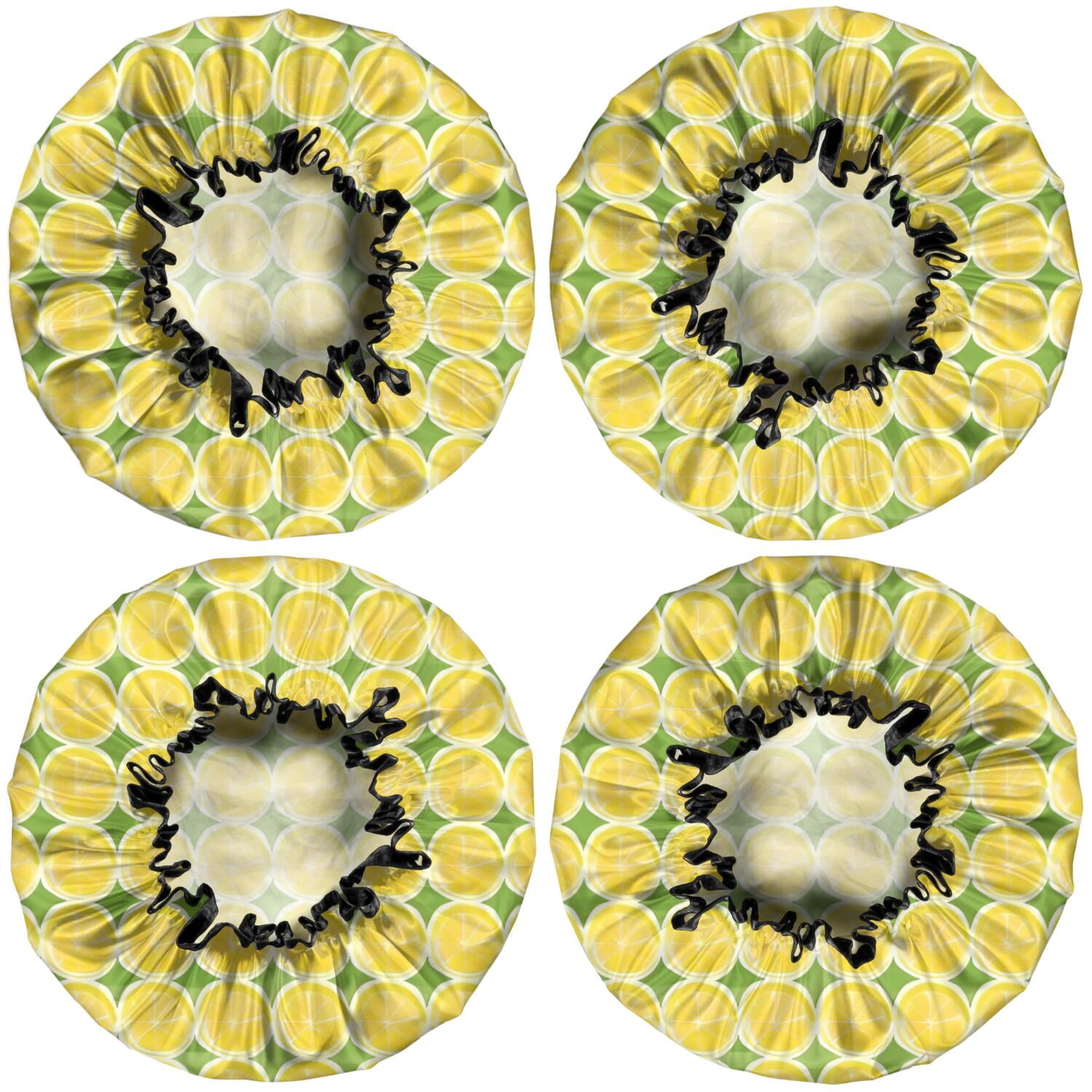 Shower Caps,Yellow Lemon Slices Green Pattern Waterproof Shower Cap for Women 4 Pieces,Double Reusable Hair Cover for Shower PEVA Elastic Stretch Hem