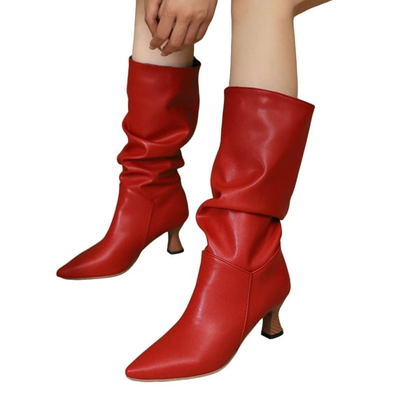 Rokment Slouchy Stiletto Wide Mid Calf Dress Boots for Women Fashion Casual Denim Leather Pointed Toe Kitten Heel Long Tall Boots Winter Spring Red Size 5.5