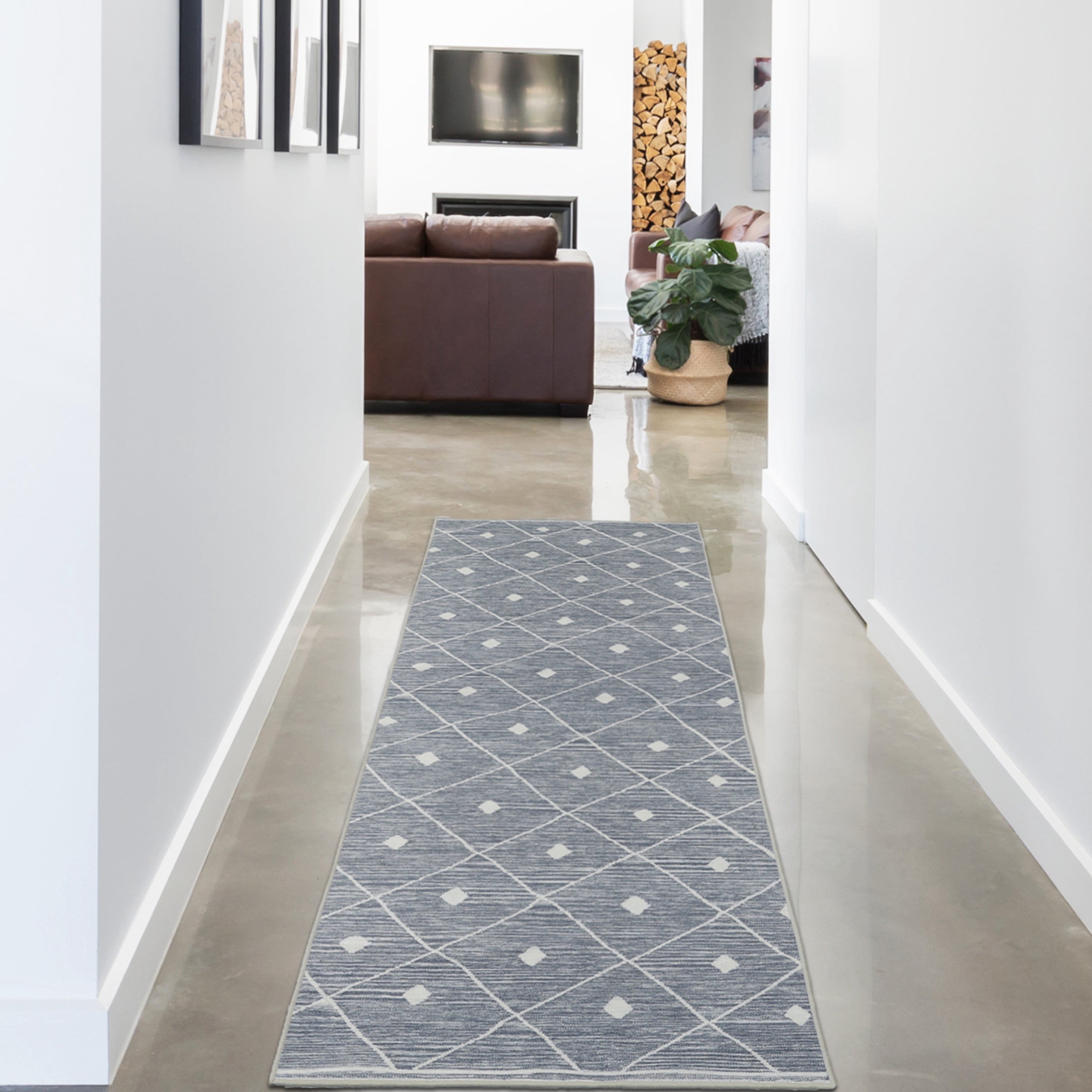 Washable Skid-Resistant Runner Rug Geometric Blue/Grey 24" x 72"