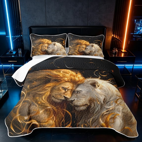Manfei Woodland Animals Twin Quilt Set, Romantic Couple Lion Twin Coverlet Set, Black Brown, Black Reversible, 2 Pieces, 1 Bedspread and 1 Pillowcase