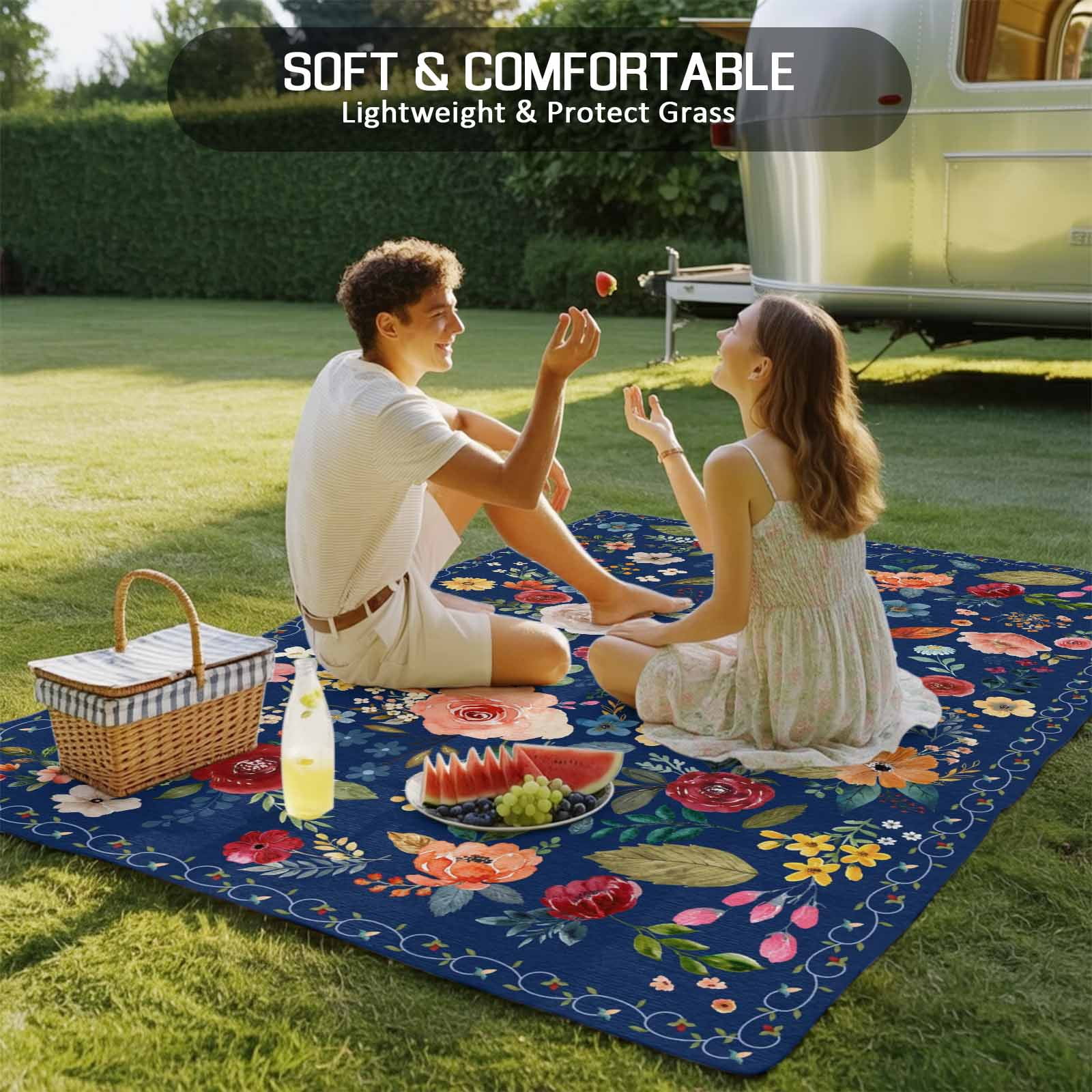 Navy Blue Flowers Outdoor Rug for Patio/Deck/Porch, Non-Slip Large Area Rug 4 x 6 Ft, Spring Vintage Floral Leaves Farmhouse Indoor Outdoor Rugs Washable Area Rugs, Camping Rug Carpet Runner