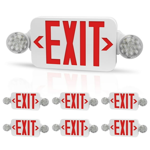 6PK Red Exit Sign with Emergency Lights, Two Adjustable Round Heads LED Emergency Exit Light with Battery Backup, UL Listed, AC 120/277V, Commercial Exit Lights for Business
