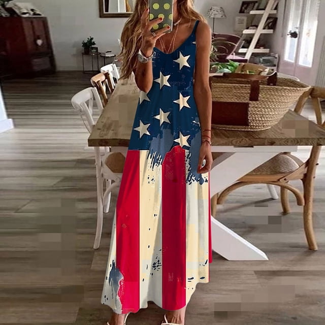 Fridja Liquidation Femmes 2024 Robes d'Été du 4 Juillet pour Femmes Imprimé Sans Manches Col Rond Robe Décontractée Robes pour le Camping (Rouge, G)