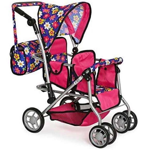My First Twin Doll Stroller - Cochecito con sombrilla doble - Accesorios para muñecas - Cochecito plegable rosa para muñecas con bolsa para pañales - Se adapta a muñecas gemelas de hasta 18 pulgadas