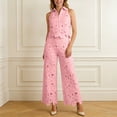 thumbnail image 2 of Summer Solid Color Sleeveless Turn Down Collar Lapel Hollow Out Lace Vest and Wide Leg Pants Two Piece Outfit for Women Pink S, 2 of 4