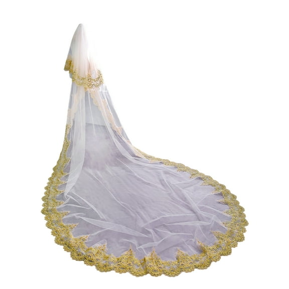 EllieWely 2 Tier Wedding Veil Cathedral Length 3 M(118 inch) Bling Gold Lace Bridal Veil With Metal Comb S02 White
