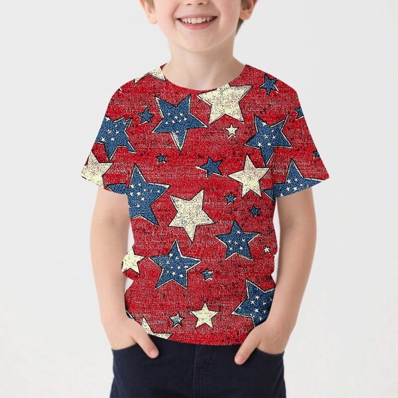 Avrnliq Kids' Patriotic Star Print T-Shirt Red White Blue Americana Short Sleeve Tee for Boys Sizes 110-170 4th of July Independence Day Casual Summer Shirt,Size 10-11T