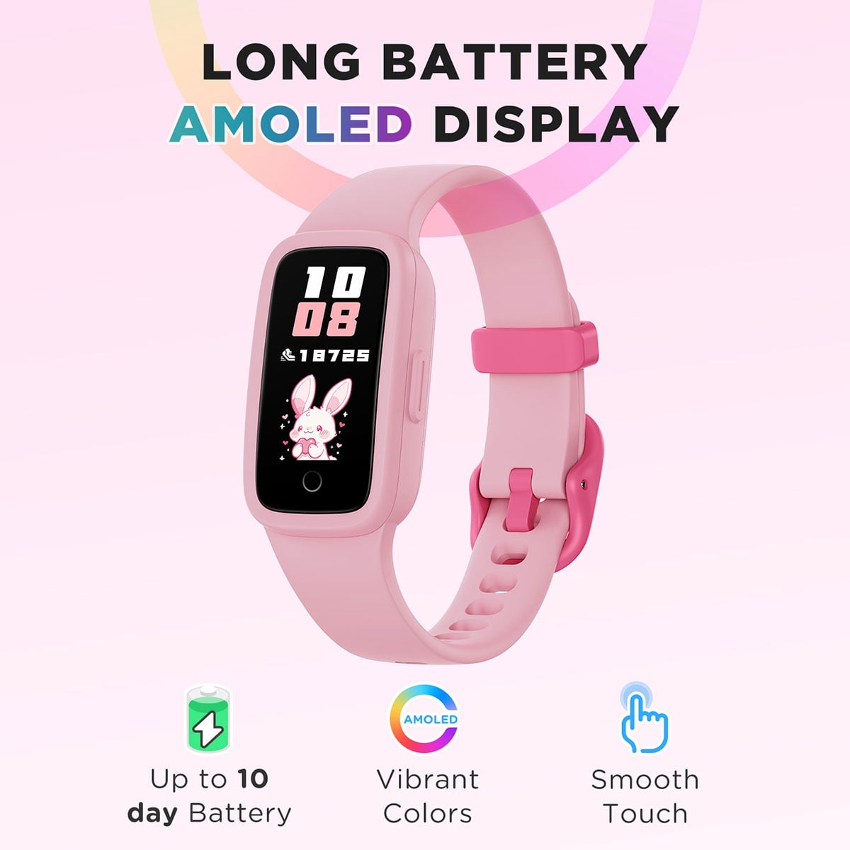 BIGGERFIVE Vigor 3 Kids Fitness Tracker Watch, AMOLED Screen, No App No Phone Needed, 3ATM Waterproof, Heart Rate and Sleep Monitor, Pedometer Watch, Sports Step Counter for Girls Ages 5-15, Pink