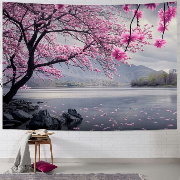 BCIIG Pink Cherry Blossom Lake Mountain Tapestry, Asian Scenic Floral Nature Wall Hanging, Japanese Inspired Spring Landscape Decor for Bedroom Living Room Office Dorm, 40x30in