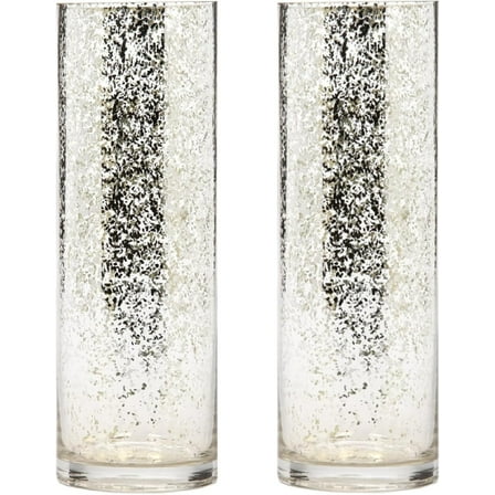 Hosley Set of 2 Metallic Silver Speckled Finish Glass Floral Vase 12 Inch High. Ideal Gift for Weddings Bridal Spa Meditation Reiki Rose Vase Nautical Settings Led Lantern Votive Garden