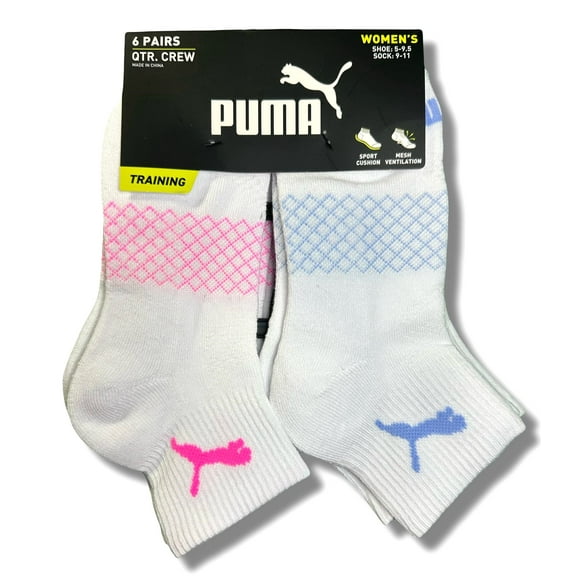 PUMA SOCKS WOMEN'S - QUARTER CUT 253 - NET PINK BLUE - SHOE SZ 5-9.5 - PACK 6