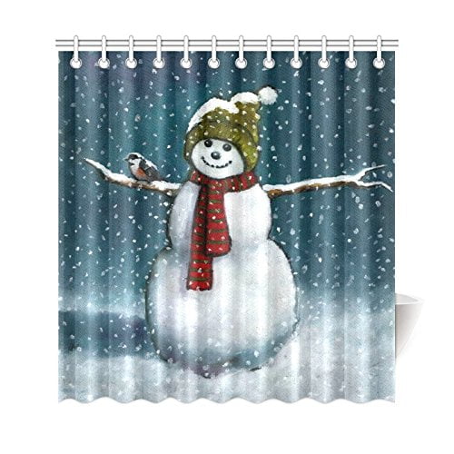 GCKG Oil Pastel Painting of Snowman with Chickadee Shower Curtain, Christmas Snowflake Polyester Fabric Shower Curtain Bathroom Sets with Hooks 66x72 Inches