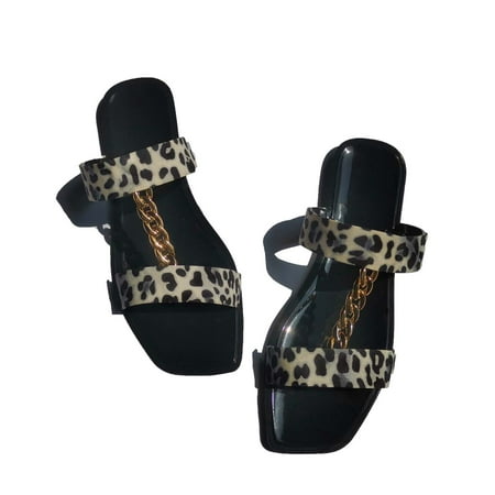 

Sandals for Women Two Strap Fashion Chains Leopard Mini Heels Casual Slide Summer Flats Comfort Slippers for Women