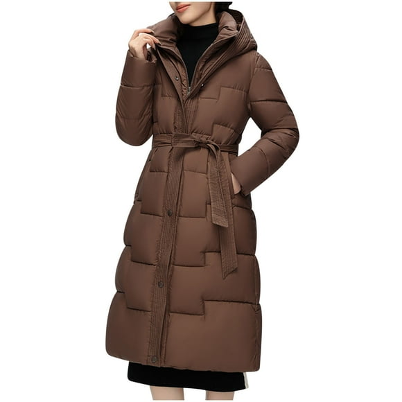 WRKEKC Women's Winter Parka Hooded Knee Length Coat with Wave Seam Design Insulated Windproof Warm Coat for Cold Weather Brown XL