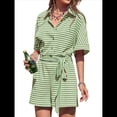 thumbnail image 3 of Mono Corto Informal de Verano A Rayas para Mujer, de Corta, con Botones y Cinturón, con Cintura Elástica. Verde M, 3 of 9
