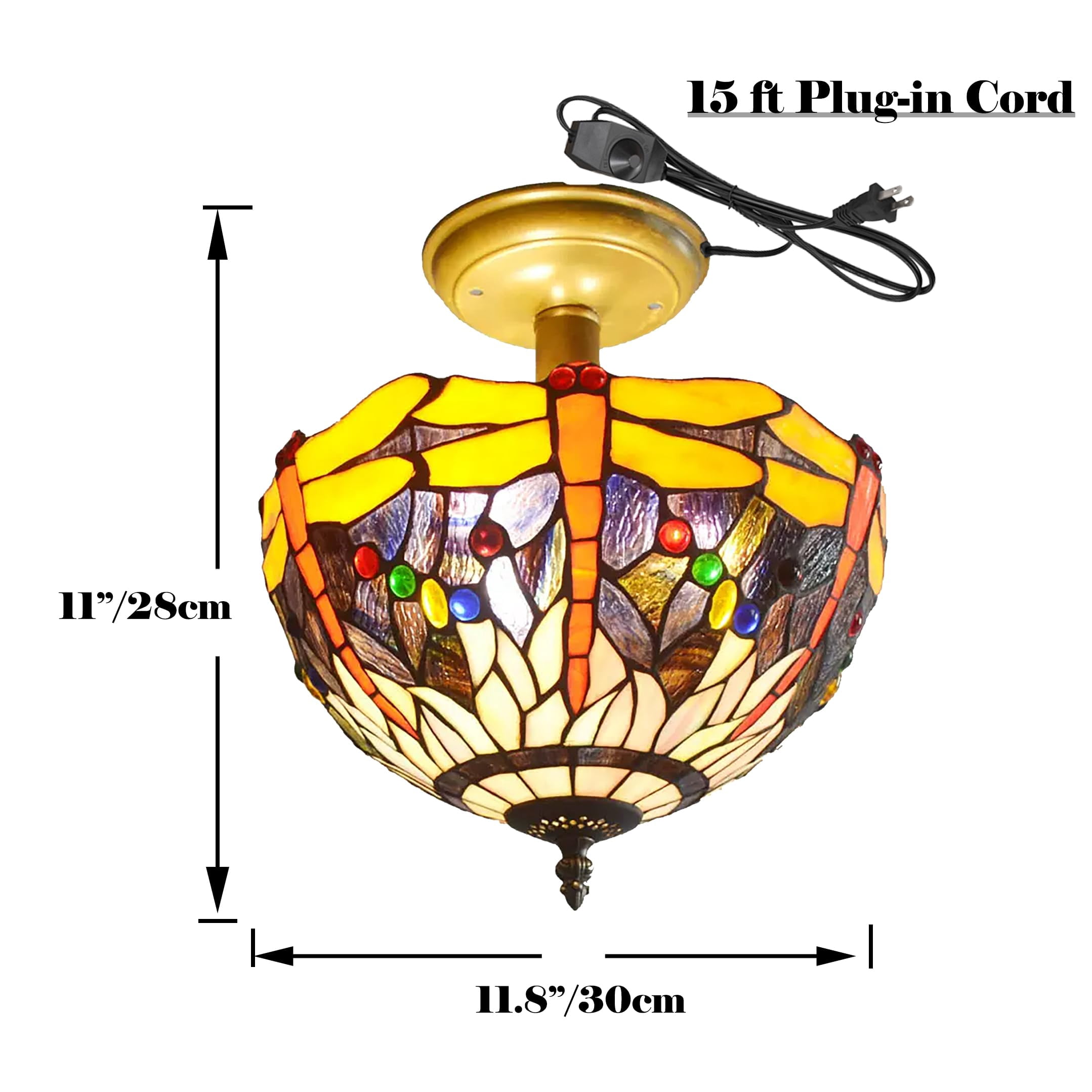Kiven 11.8in Plug-in Flush Mount Ceiling Light Fixture, 2-Light Anti Glare Close to Ceiling Light with 15FT Cord, Tiffany-Style Glass Chandelier Dimmable for Bedroom Kitchen Hallway(No.3182)