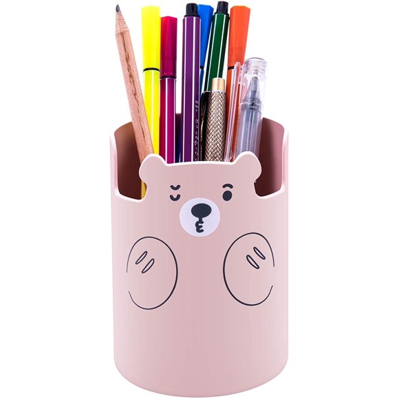 Portalápices, lindo oso, portalápices, taza, organizador de papelería para escritorio, escuela, oficina, niños (rosa-paquete de 2)