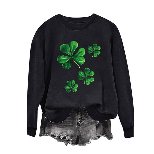 AherBiu Chandails de la Saint-Patrick pour Femmes Col Rond Manches Longues Imprimé Trèfle Décontracté Ample